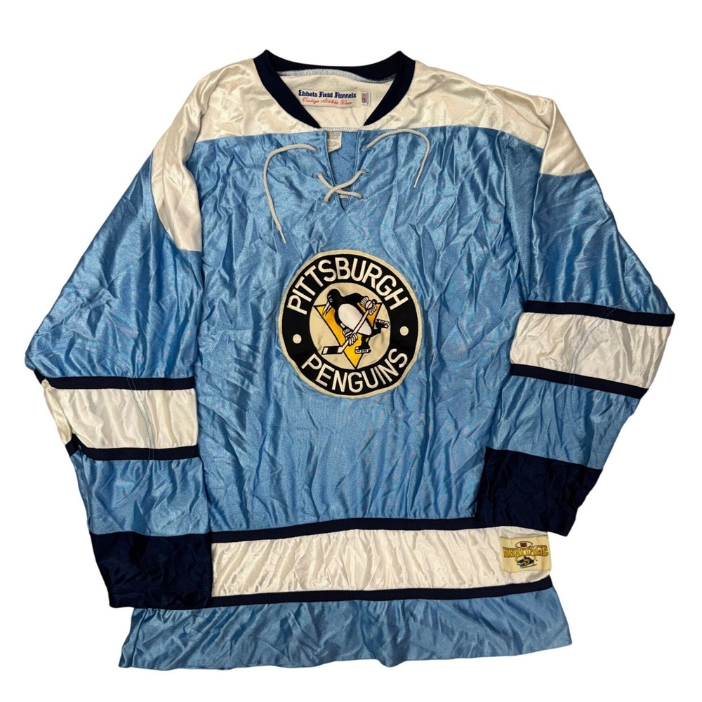 Ebbets Field Flannels Pittsburgh Penguins Hockey Jersey Blue Mens Large Satin